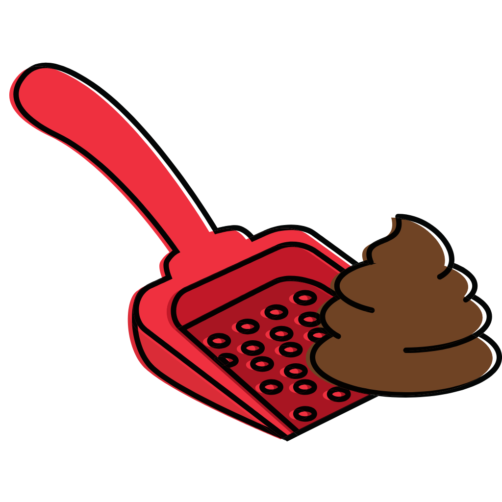 Red pooper scooper with brown dog poop graphic